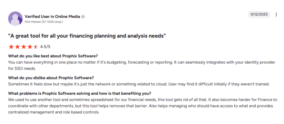 Prophix customer opinion