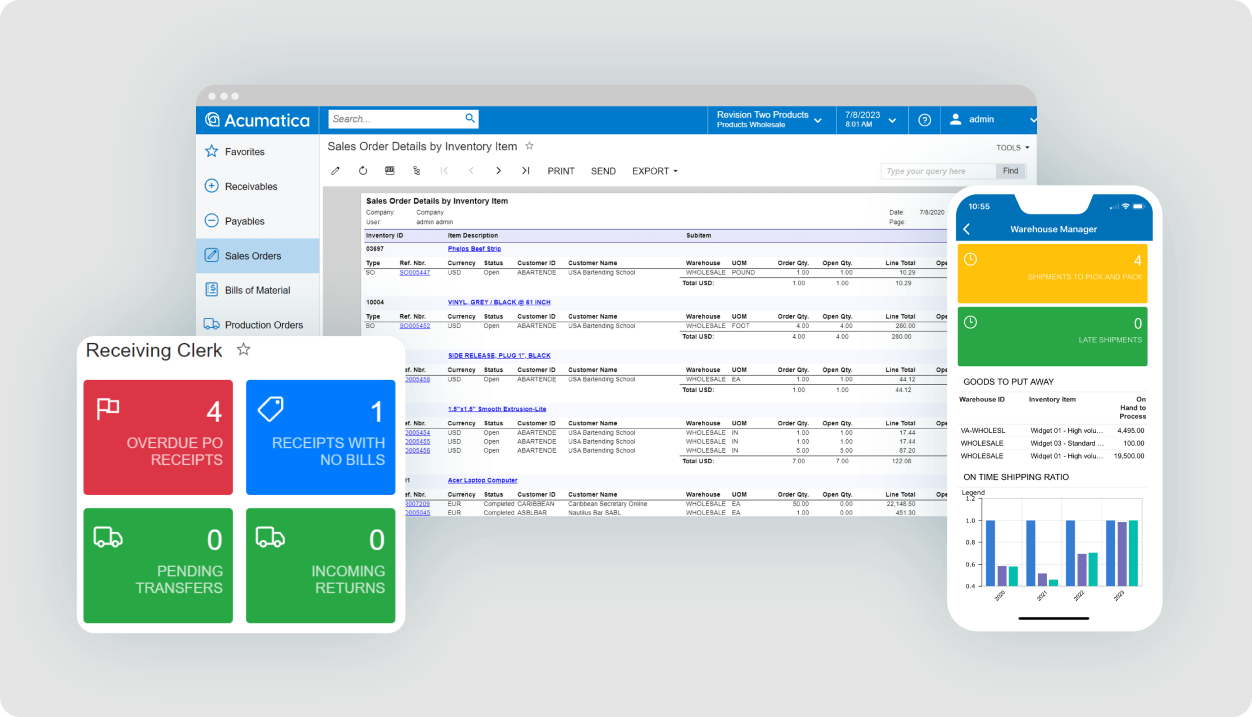 Acumatica dashboard showing key performance indicators that help with process monitoring