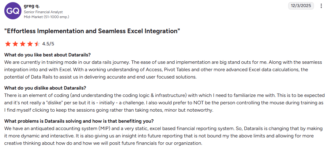 Datarails customer feedback