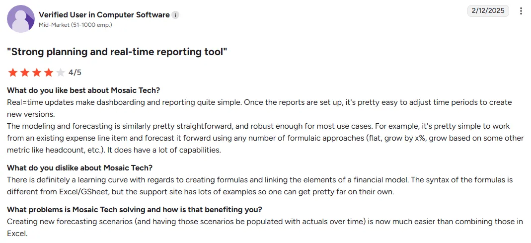 Mosaic budgeting and forecasting tool review
