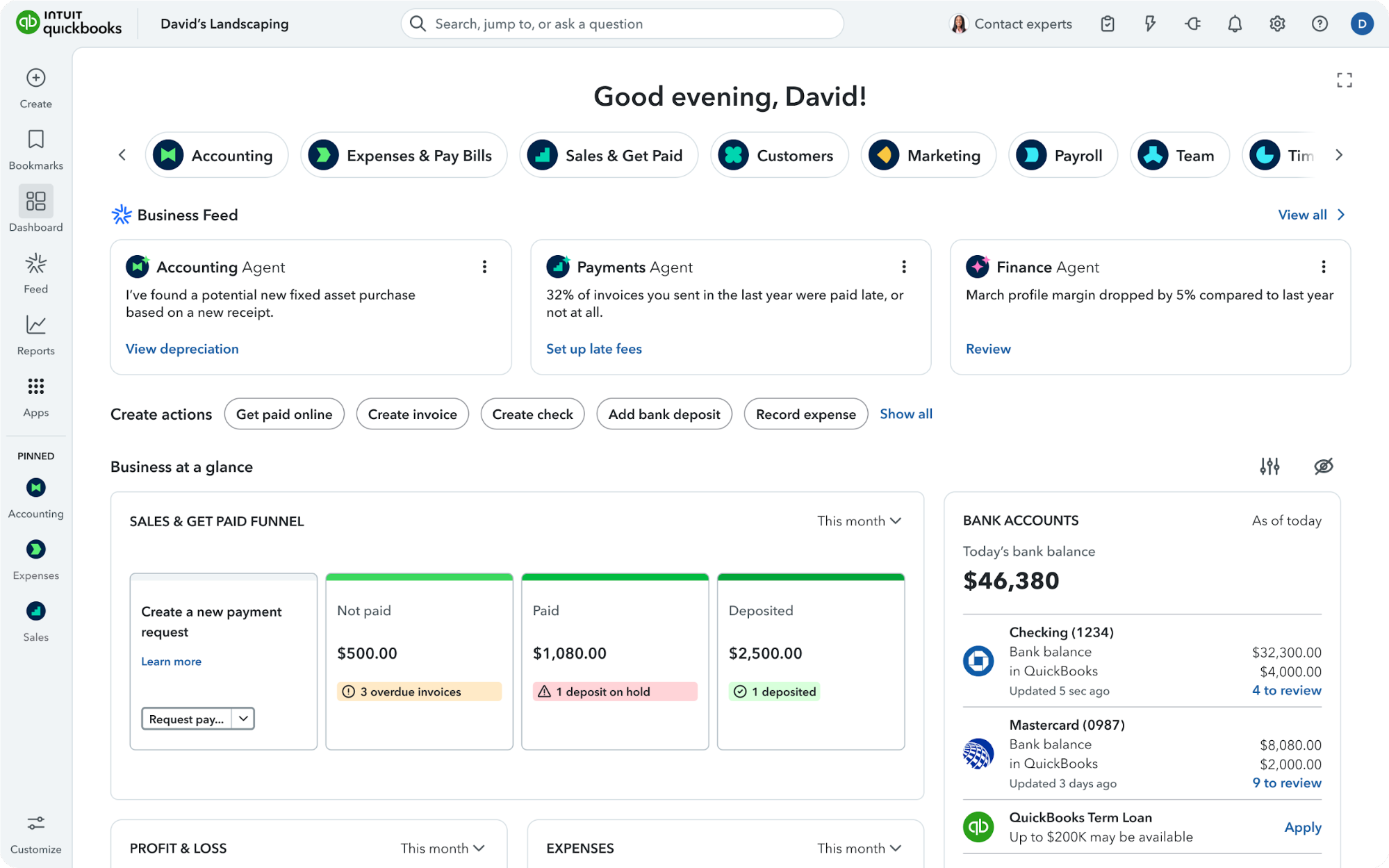 A screenshot of the QuickBooks dashboard