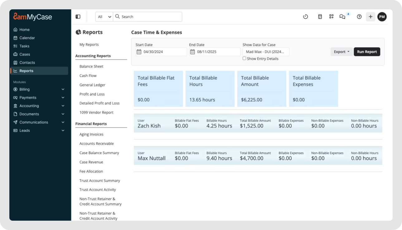 MyCase software screenshot