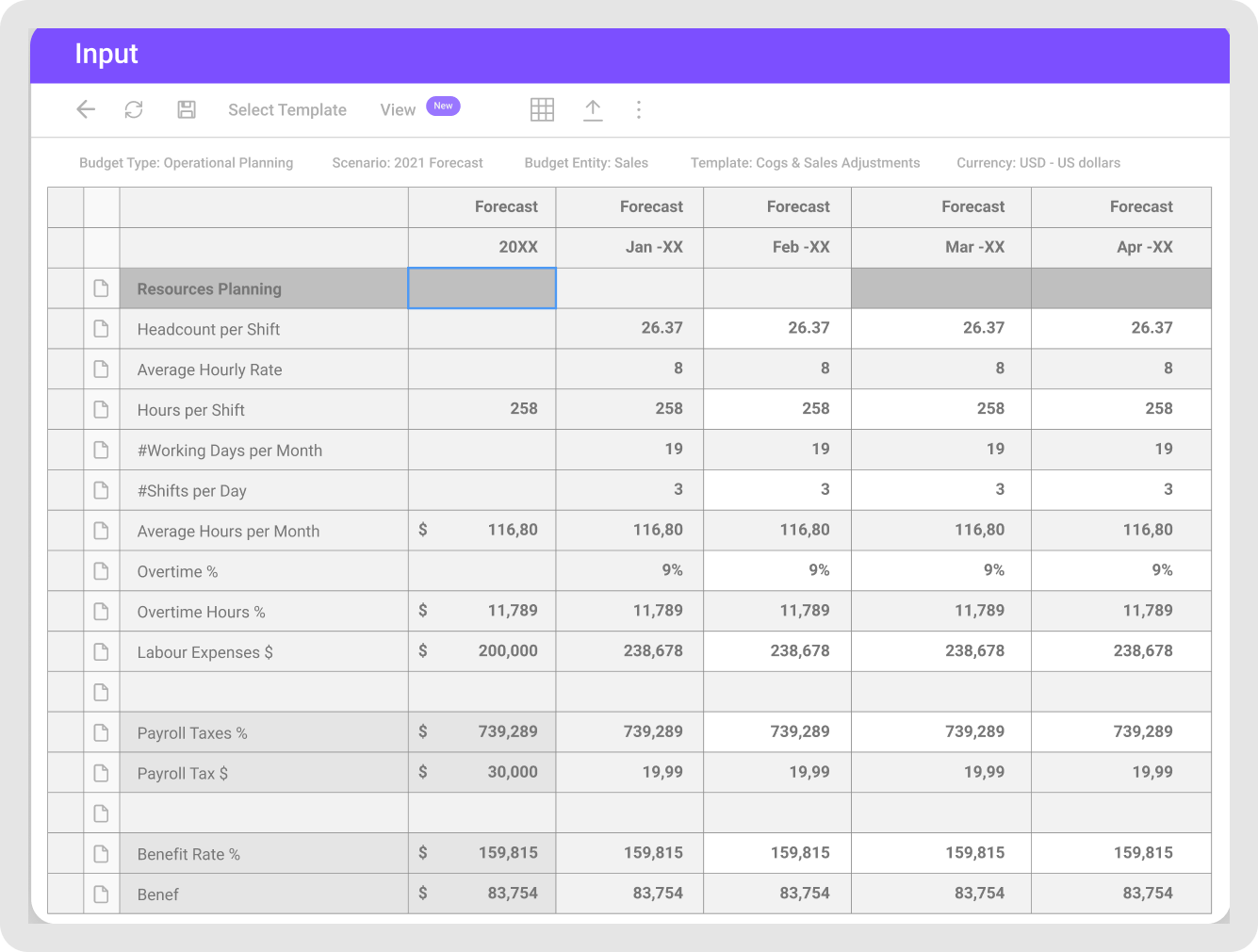 A screenshot of the Planful planning template
