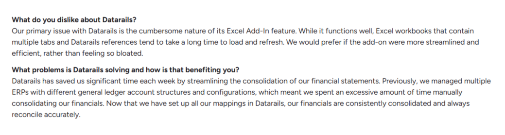 A screenshot of the Datarails customer review