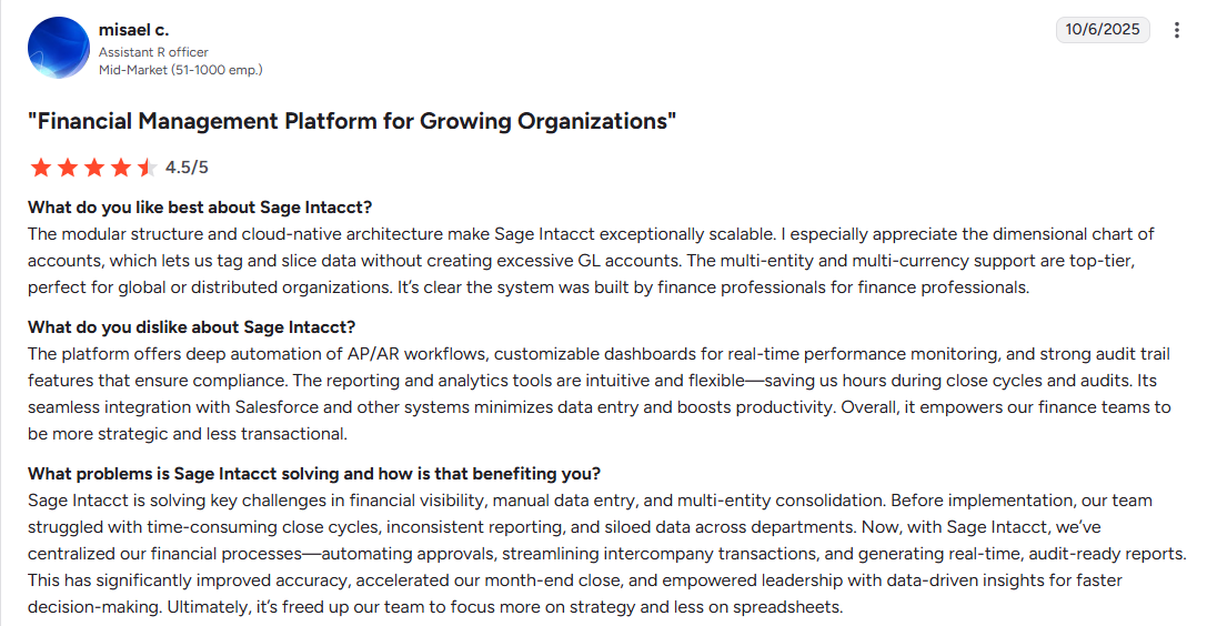Sage Intacct opinion from third party app on how it improves financial performance