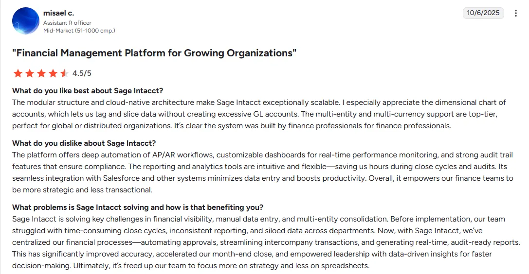 Sage Intacct opinion from third party app on how it improves financial performance