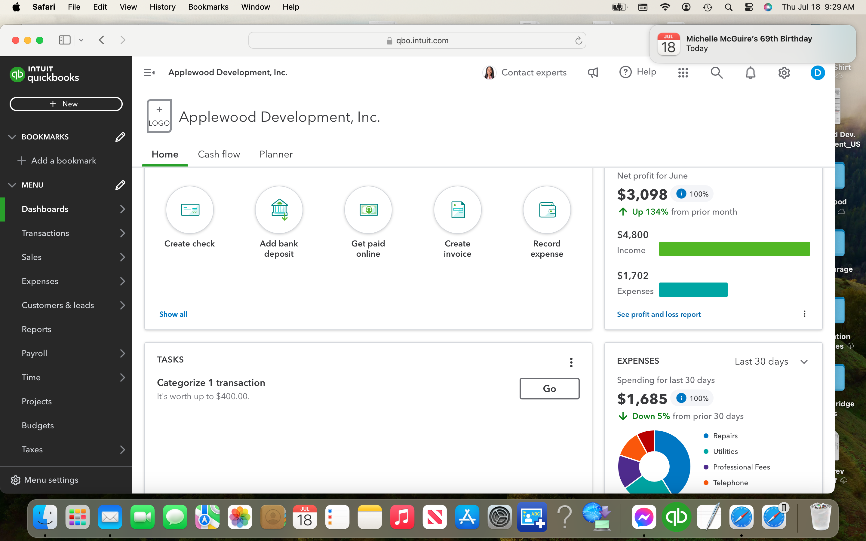 QuickBooks key metrics overview