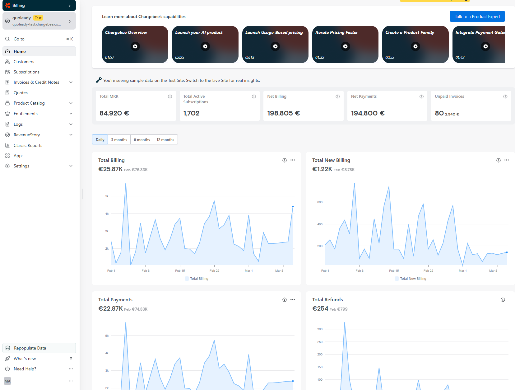 Chargebee website lets subscribers navigate their payments and invoicing actions with streamlined services