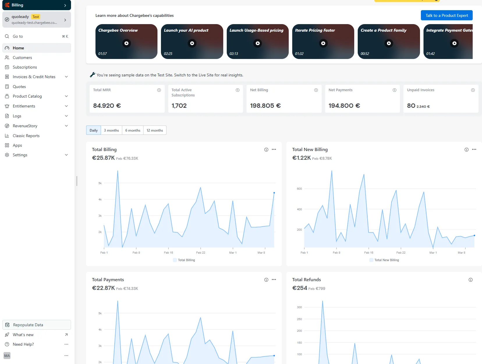 Chargebee website lets subscribers navigate their payments and invoicing actions with streamlined services