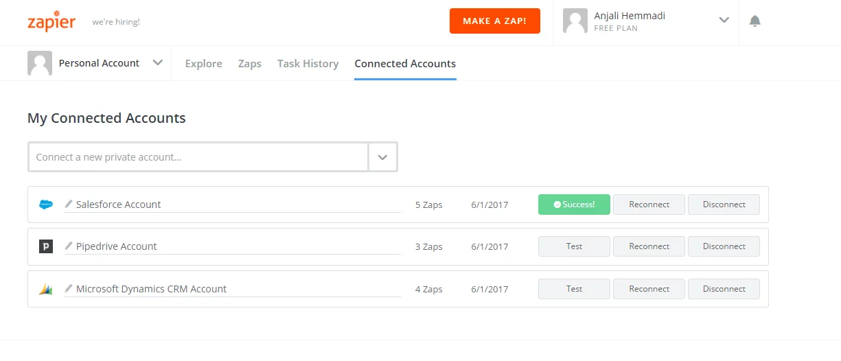 Zapier connected accounts view - Microsoft Dynamics 365 integration
