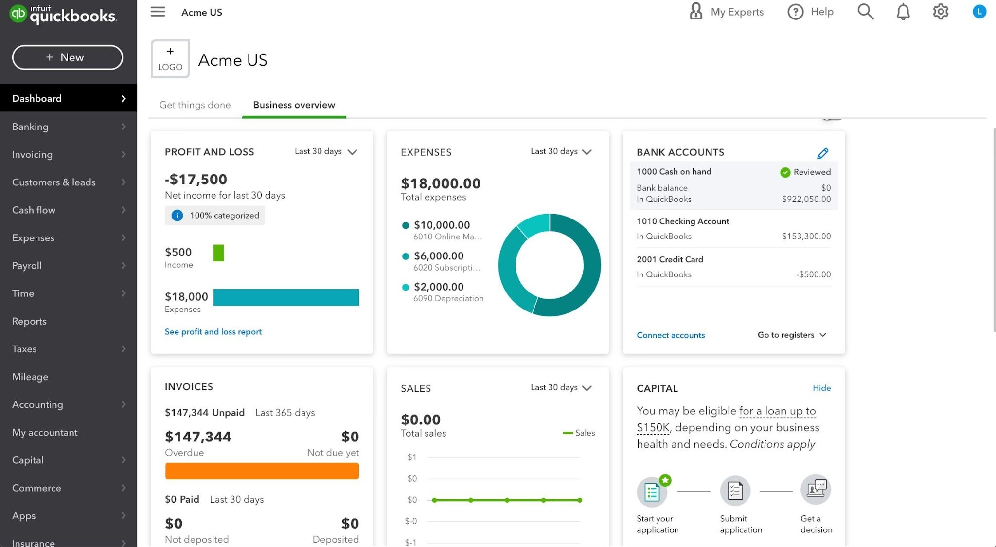QuickBooks accounting dashboard