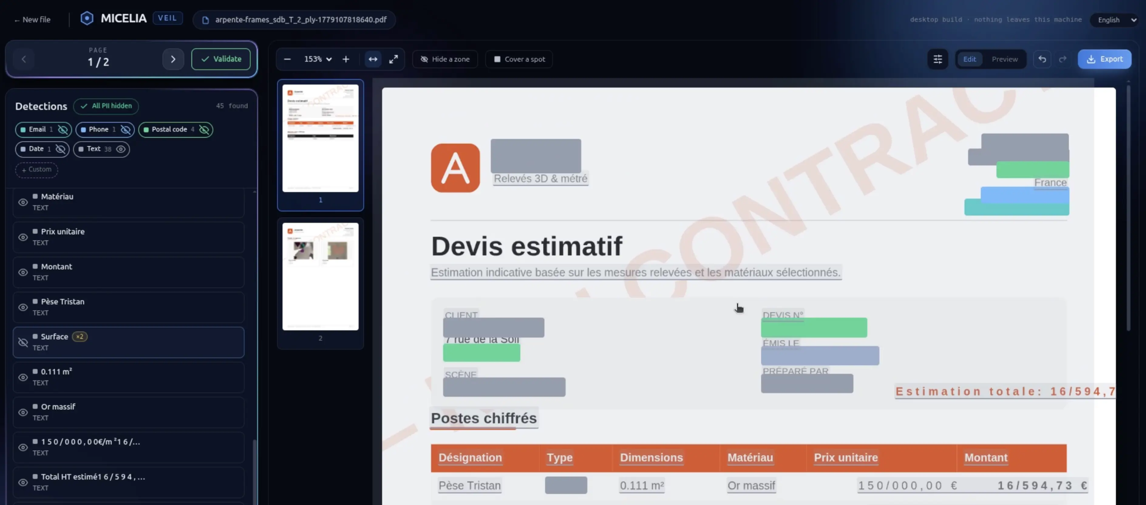 Vue de l'outil Veil développé par Micelia, permettant d'anonymiser les fichiers PDF