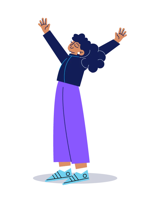 Ilustración de una persona con cabello rizado y azul, brazos levantados, vistiendo chaqueta azul oscuro, pantalones morados y zapatillas celestes.