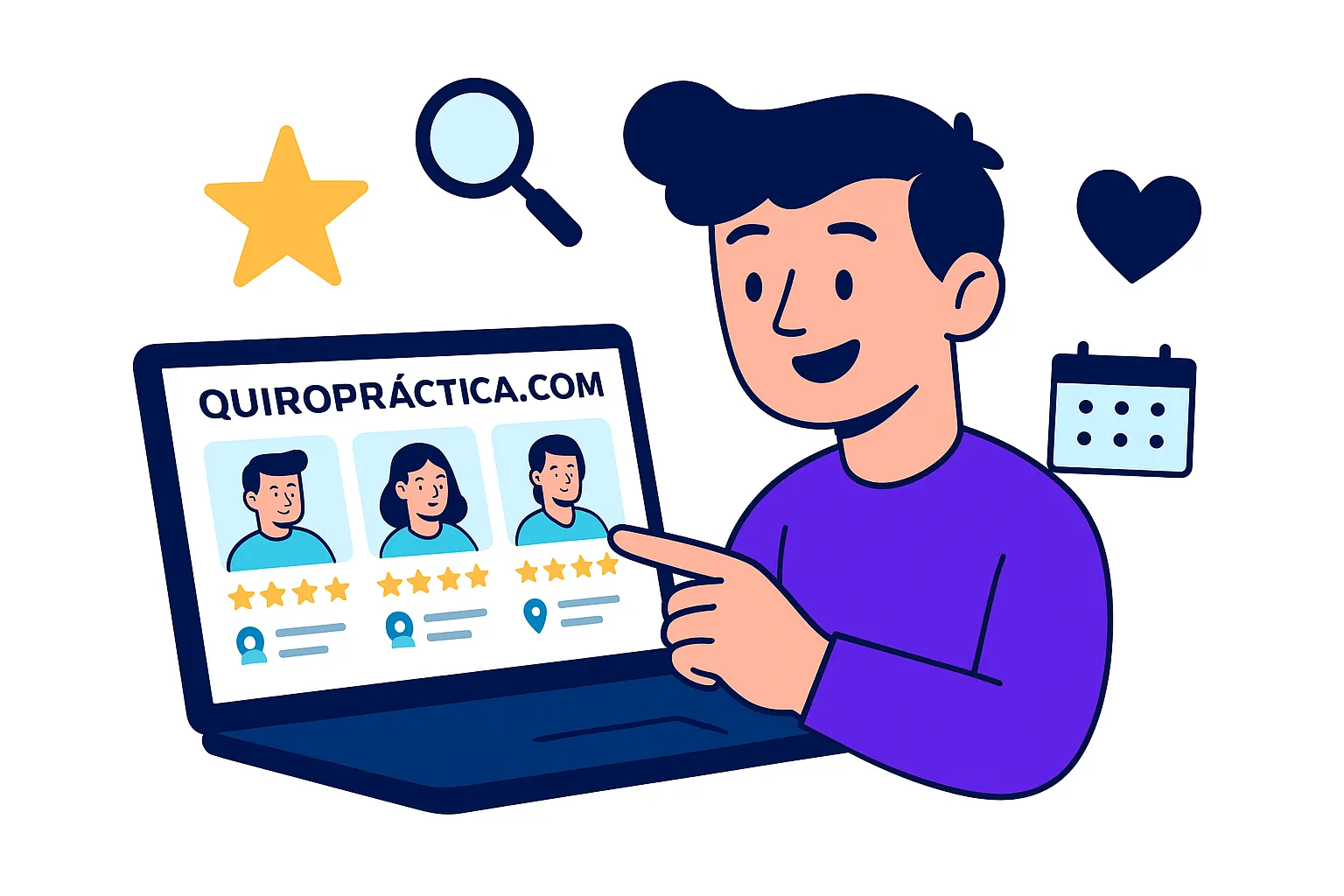 Persona señalando una computadora portátil con perfiles y valoraciones en Quiropráctica.com, rodeado de iconos de estrella, lupa, corazón y calendario.