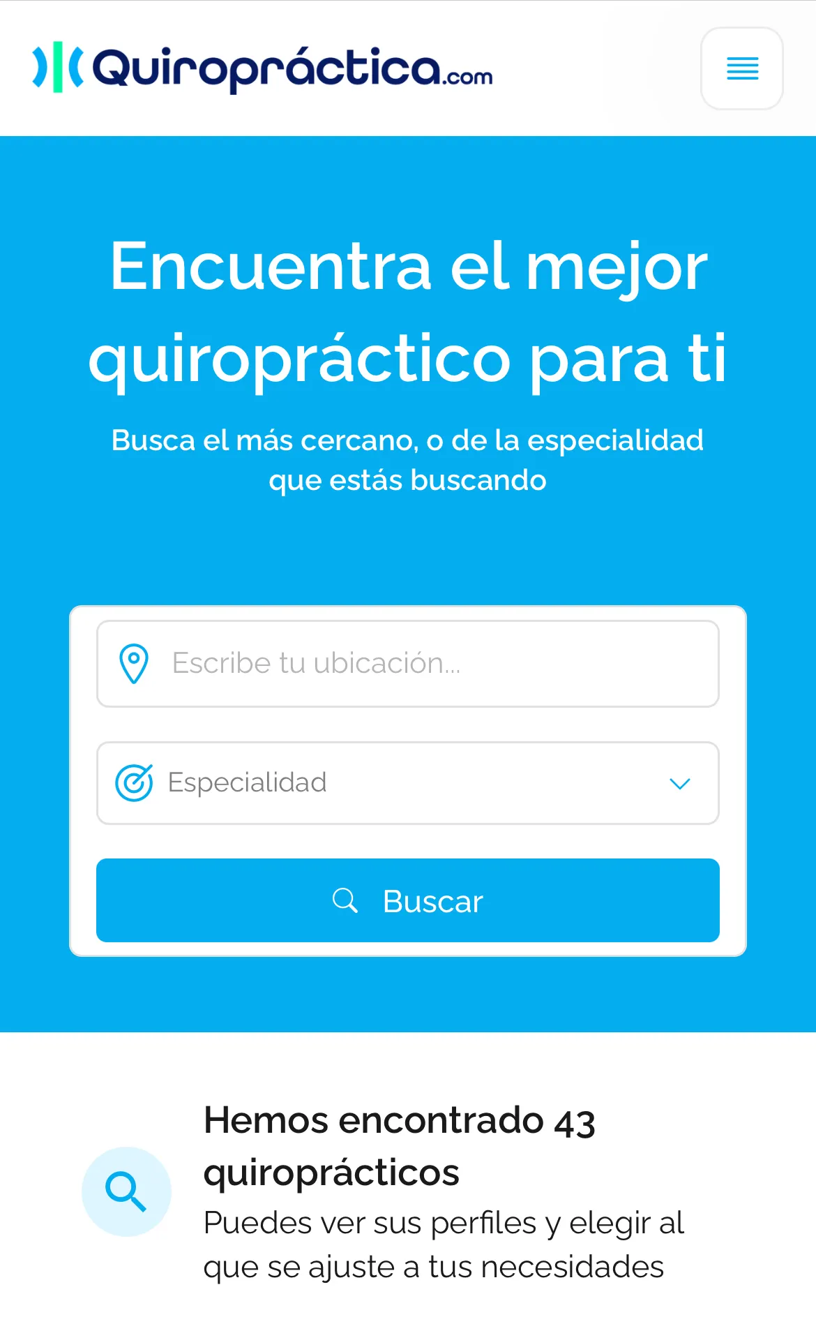 Página web de Quiropráctica.com para buscar quiroprácticos por ubicación y especialidad, con un botón de buscar y texto que indica 43 quiroprácticos encontrados.