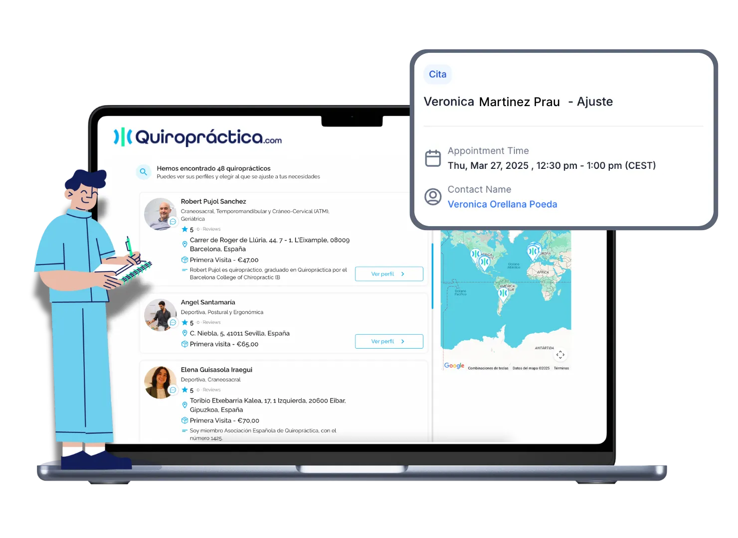 quiropractico tomando notas frente a portatil con detalle del buscador de quiropractica.com