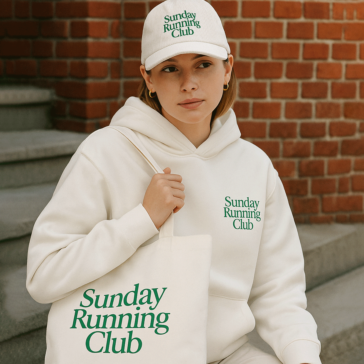 A person wearing a white shirt that says "Your brand here"