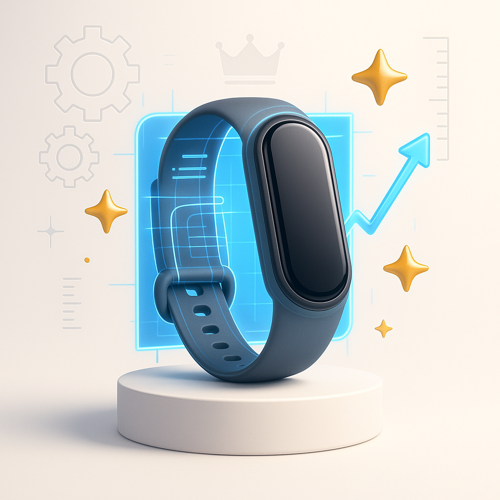 Image representing product excellence. Includes a physical product surrounded by items indicating success.