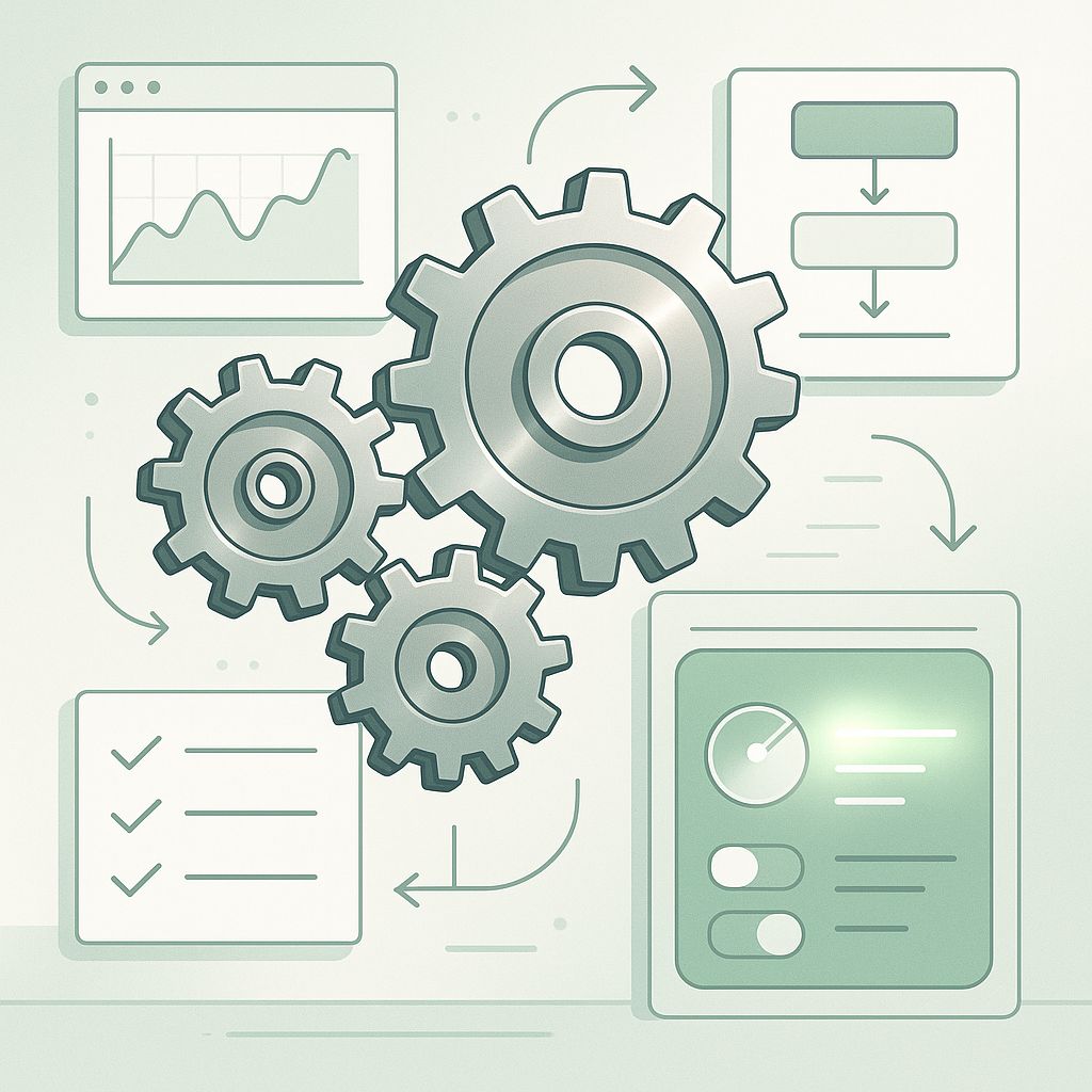 Cogs and screens representing a working business operation