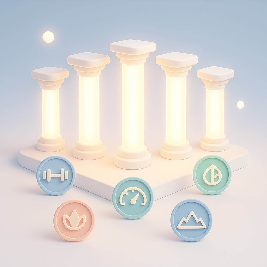 Image showing different pillars aimed at depicting excellence in 5 areas (sports, performance, lifestyle, operations and wellness)