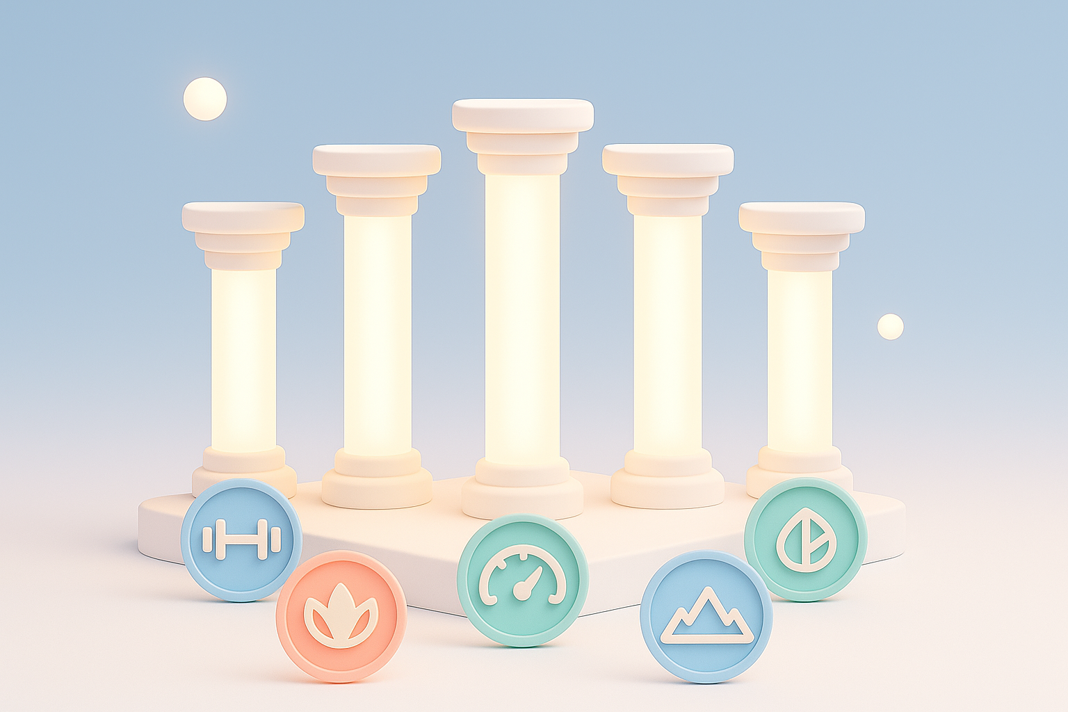 Image showing different pillars aimed at depicting excellence in 5 areas (sports, performance, lifestyle, operations and wellness)