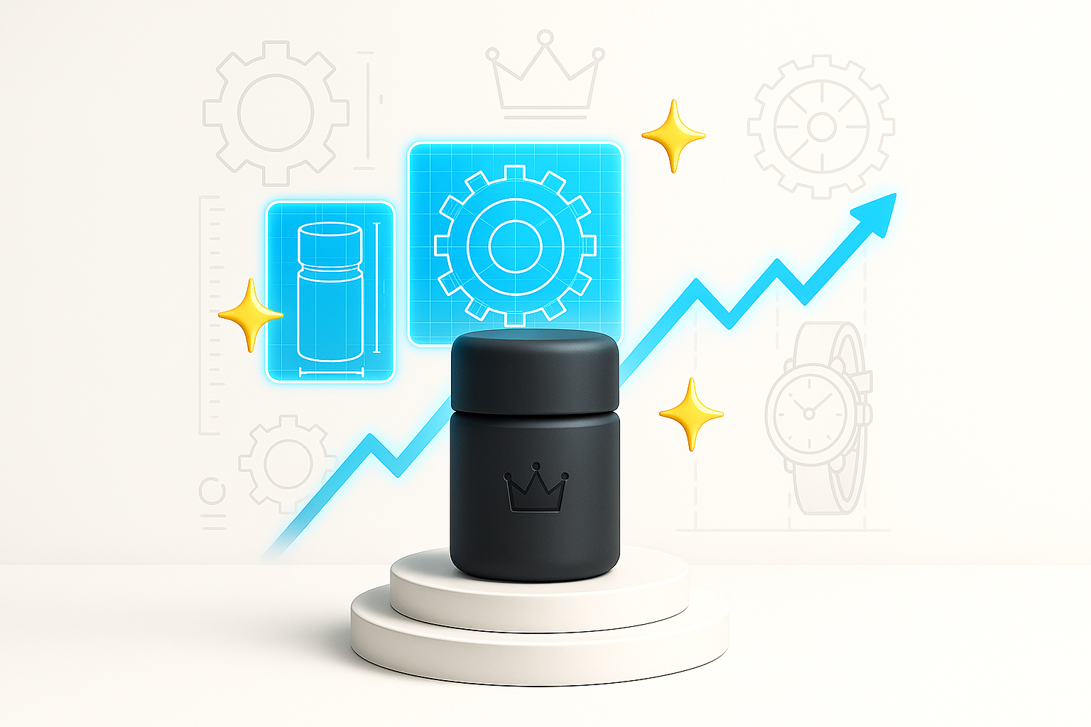 Image representing product excellence. Includes a physical product surrounded by items indicating success.