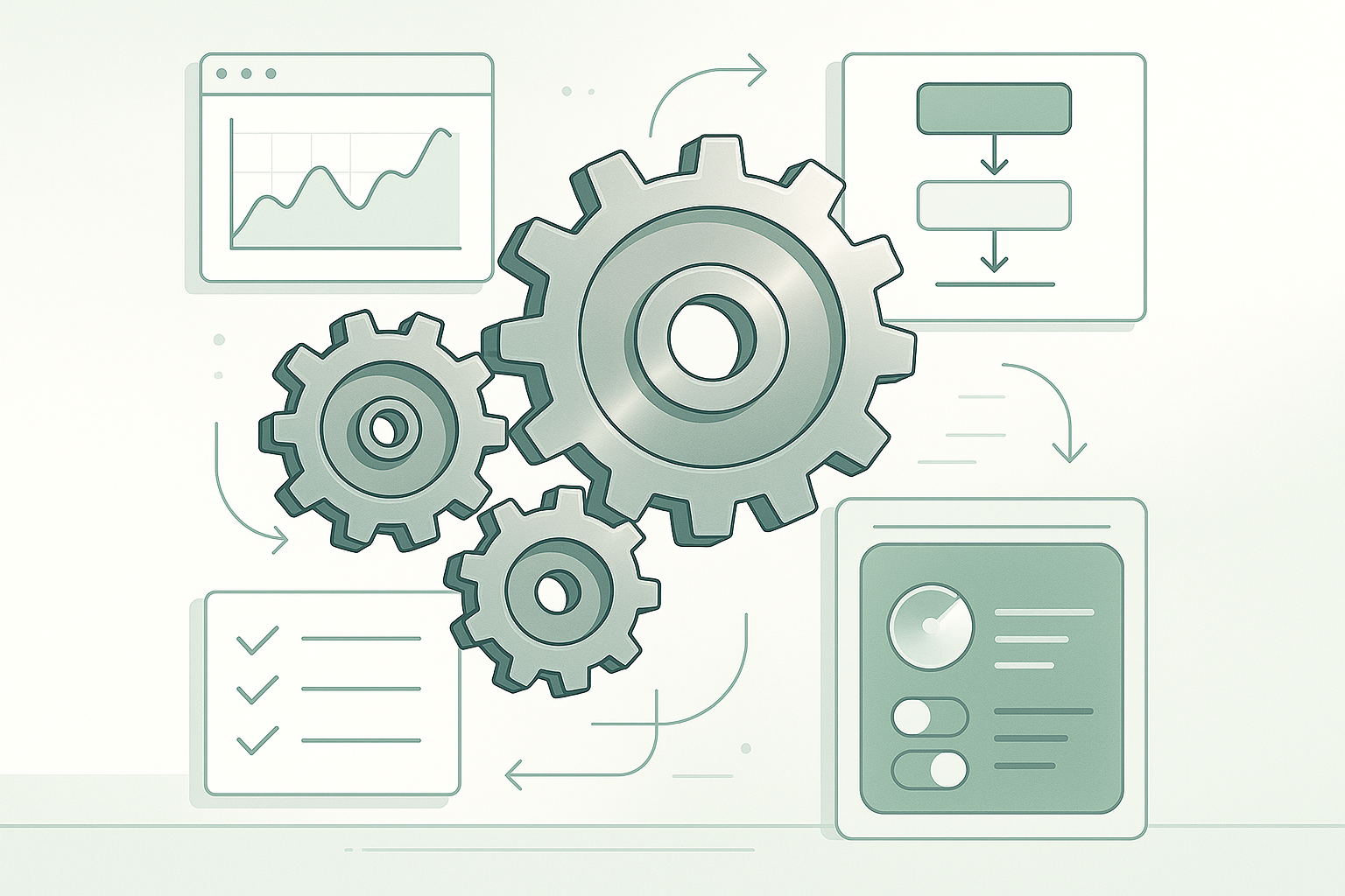 Cogs and screens representing a working business operation