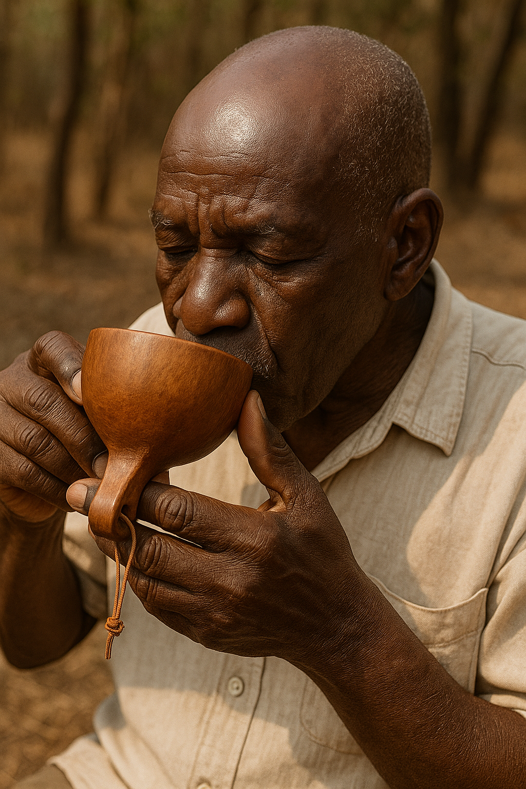 Old man drinking holding a zimbabwean traditional cup drinking mahewu