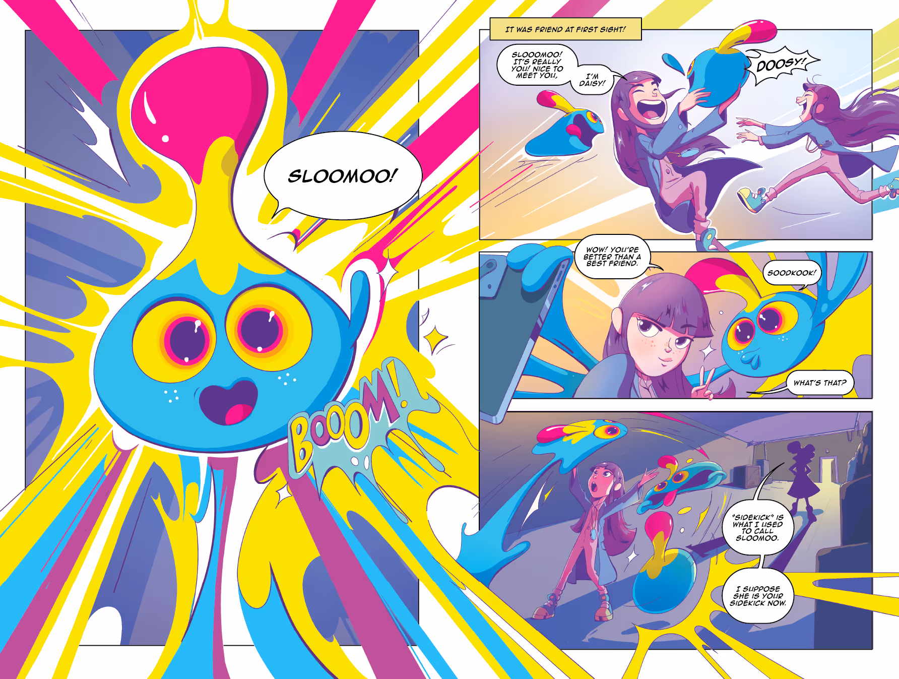 Colorful comic panels showing a blue and yellow creature called Slooomoo meeting a girl named Daisy who joyfully welcomes it as a friend.