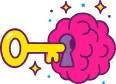 Yellow key inserted into a pink brain with colorful sparkles around.