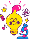 Illustration of a yellow light bulb with a smiling face surrounded by science-related icons including stars, an atom, a test tube, and a microscope.