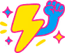 Yellow lightning bolt with a raised blue fist and sparkles around them.