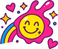 Yellow smiling face inside a pink paint splash with a rainbow trail and surrounding hearts and stars.
