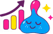 Blue slime character wearing a pink hat with closed eyes surrounded by colorful stars and a bar chart with an upward arrow.
