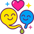 Yellow and blue speech bubbles with smiling faces, a pink heart above them, and colorful sparkle accents.