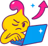 Cartoon cat working intensely on a blue laptop with a pink upward arrow indicating growth or progress.