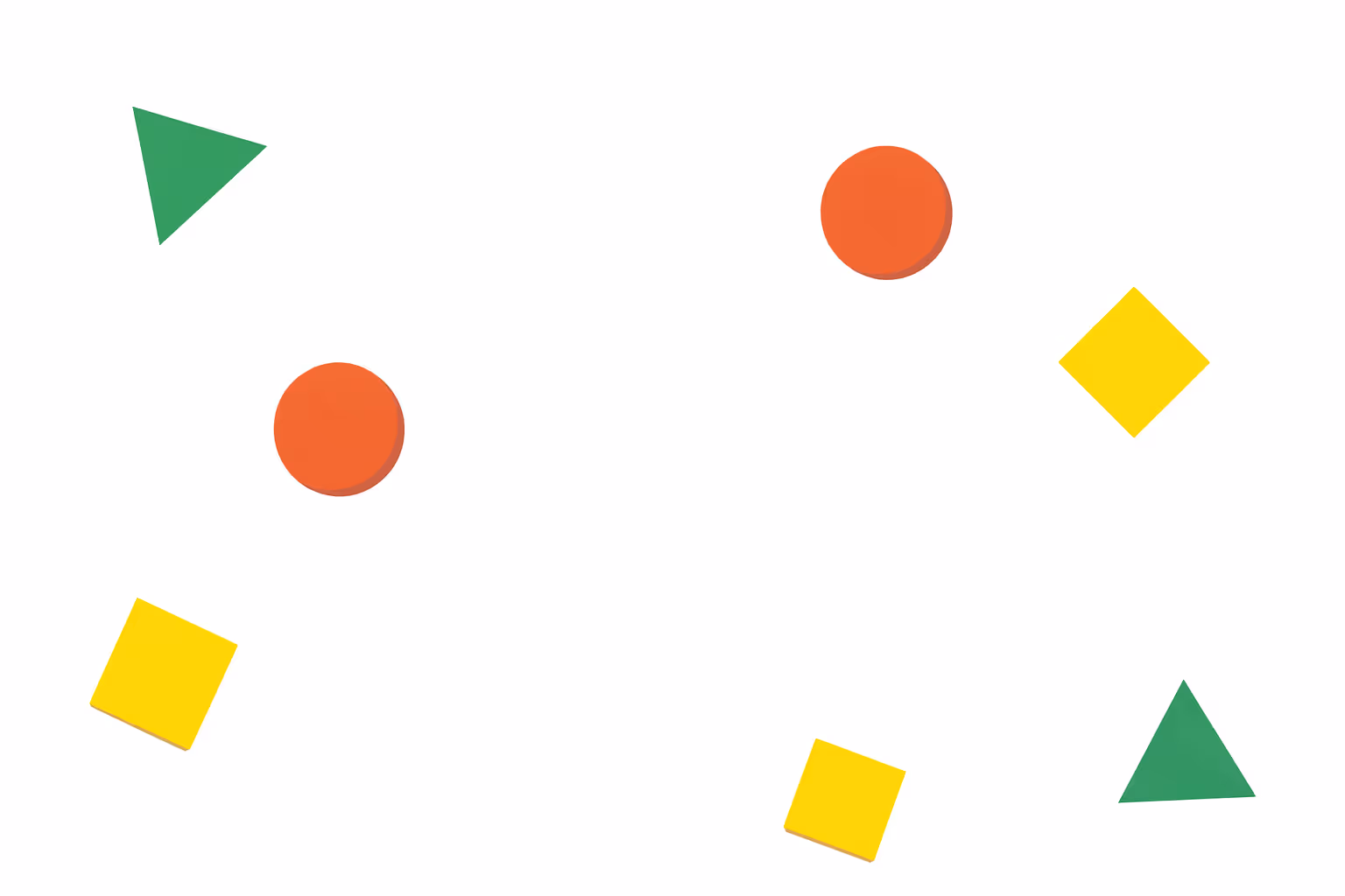 Various colored geometric shapes including green triangles, yellow squares, and orange circles scattered on a white background.