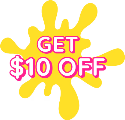 Yellow paint splatter shape with bold pink and white text saying 'GET $10 OFF'.