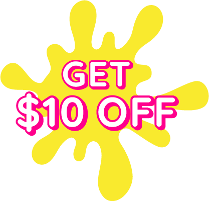 Yellow paint splatter shape with bold pink and white text saying 'GET $10 OFF'.