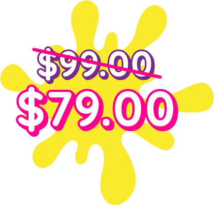 Discount price graphic showing original price $99.00 crossed out with new price $79.00 over yellow splash background.