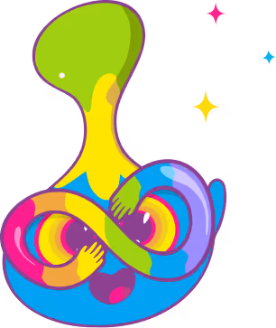 Colorful abstract illustration of a humanoid figure hugging an infinity loop symbol with small stars around.