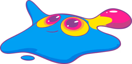 Cartoon blue slime character with large purple and yellow eyes and a pink splash on its upper right side.