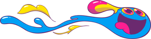 Colorful abstract cartoon character with large eyes, a big mouth, and fluid-like blue and yellow shapes.