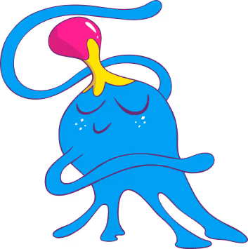 Blue cartoon octopus with a pink and yellow top on its head, eyes closed and smiling with two arms crossed.