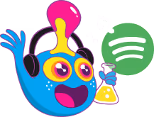 Blue cartoon character with headphones holding a flask with yellow liquid, next to a green Spotify logo.