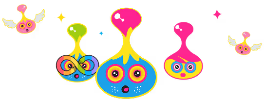 Colorful cartoon alien-like creatures with large eyes on a black background.