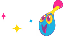 Colorful abstract character with large eyes and a wide smile surrounded by sparkling stars.