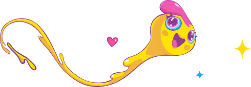 Colorful animated character with a large head, big eyes, and a long tail surrounded by small heart and sparkle icons.