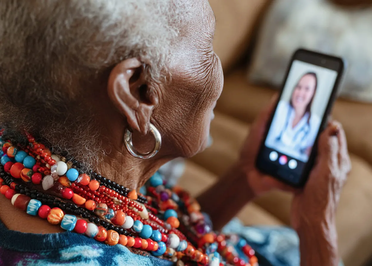 A woman holding a cell phone with a picture of a woman on the screen.
