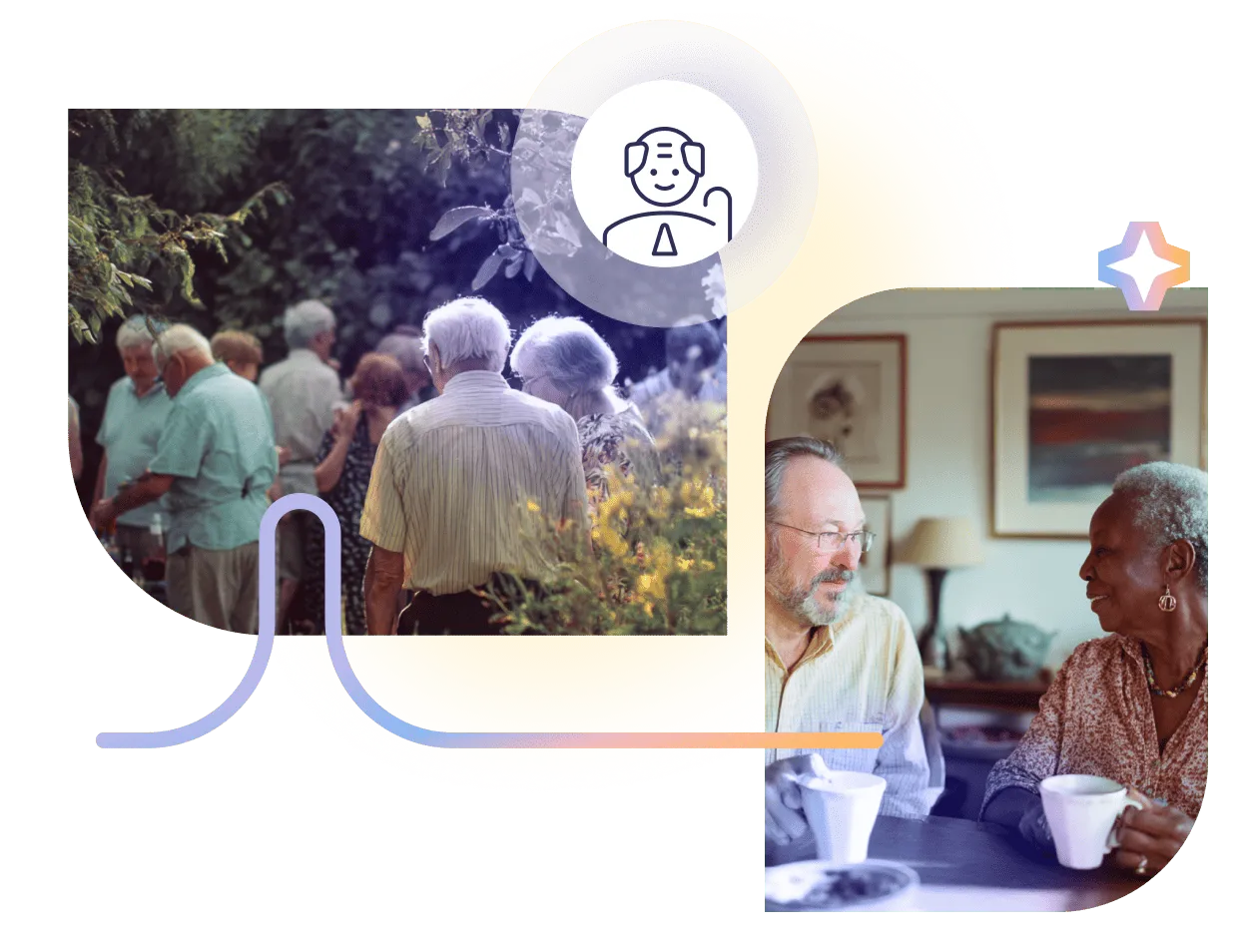 A collage of a group of people sitting around a table.
